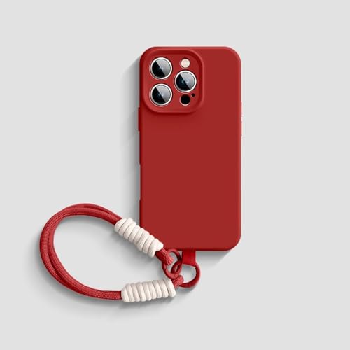 Coque iPhone 15 avec cordon rouge silicone liquide pour liberté de mouvement