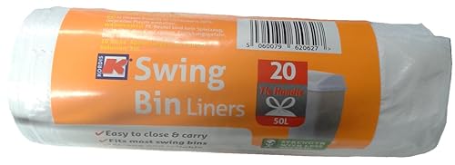 Kordis Strong Tie Handle Swing Bin Bag Liners - 1 Roll x 20 Bags. 50L White Plastic Bin Bags For Kitchen Bins & Large Indoor Trash Bin. 20 Heavy Duty, Unscented Garbage Bags - 60 x 90cm