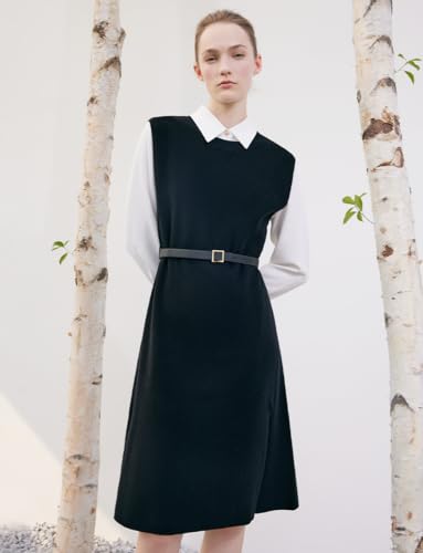 Women's 2 Piece Outfits Black Sweater Vest Dress and White Shirt Dress Sets with Belted2