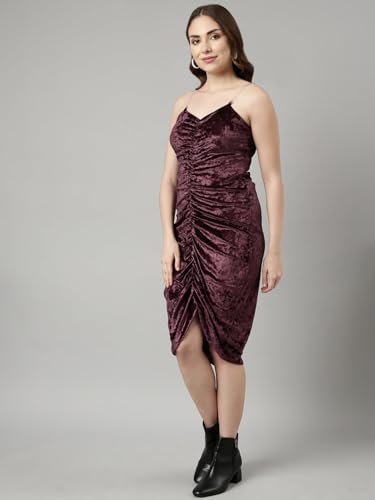 Image of SHOWOFFFF Women Solid Bodycon Party Dress | Sweetheart Neck Sleeveless Velvet Dress for Womens | Knee Length Dress for Women's