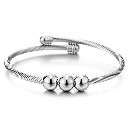 Coolsteelandbeyond Steel Polished Balls Beads String Twisted Cable Bangle Cuff Bracelet For Women, Adjustable #TOP21
