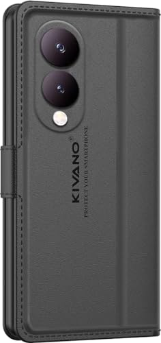 Image of KIVANO LUXE Compatible for Vivo Y28 5G / Vivo Y17s 4G Luxury Handmade Leather Magnetic Flip Folio Case | Card Holder & Kickstand | Slim Protective Cover | Unisex - Black