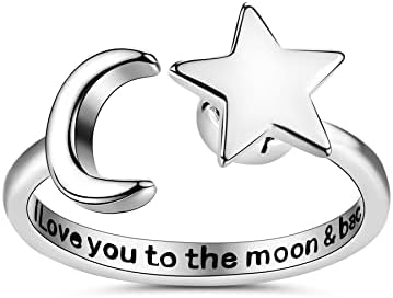 HAOBOYO Sterling Silver Fidget Anxiety Ring for Women Teens Adjustable Open Fidget Rings for Anxiety Fidget Relieving Stress Moon Star Stackable Rings Jewelry for Women Girl(Moon Star 1)