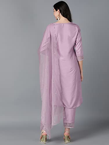 Image of Vaamsi Women's Poly Silk Solid Yoke Design Straight Kurta Set With Dupatta