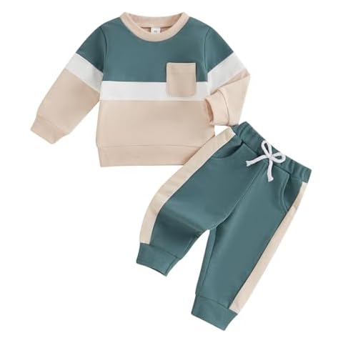 MoZiKQin Toddler Baby Boy Girl Fall Clothes Contrast Color Long Sleeve Sweatshirt Tops and Pants Set 2Pcs Winter Outfits (Blue, 3-4T) Cover