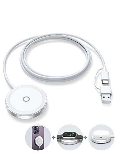 NEWDERY kabellose Ladegerät für Apple Watch/iPhone/Airpods, Travel iWatch Ladestation, Induktive Tragbares Mag-Safe Ladepad für iPhone 14/13/12 Serie, iWatch Ultra/8/7/6/5/4/3/2/1 und Airpods Cover