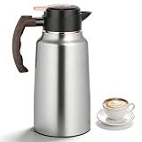Thermoskanne, 2 Liter Doppelwandige Edelstahl Isolierkanne, Teekannen mit Holzmaserung Griff, 24h heiß und 24h kalt, Kaffeekanne mit Quick Press für Kaffee, Tee, Milch, Wasser