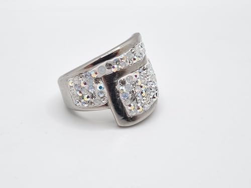 Breiter Edelstahl Ring Kristalle Crystal AB White Opal (SCR53)