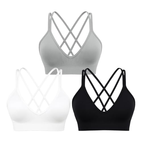 Image of Sports Bra for Women V-Neck Strappy Criss Cross Yoga Bra Padded Medium Support Workout Gym Athletic Fitness Bras 3 Pack