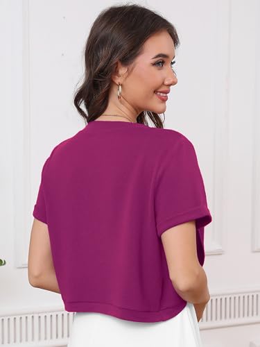 Heymoments Women's Short Sleeve Shrugs Magenta Large Lightweight V-Neck Open Front Cropped Cardigan Knitted Bolero Sweaters Elegant Dresses Cover Up — view 5