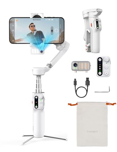 hohem iSteady V3 Gimbal Stabilizer for iPhone, 3-Axis Phone Gimbal with AI Tracker, Built-in Extendable Rod & Tripod, Detachable Remote Control, iPhone Stabilizer for Travel, Vlog, TikTok, White