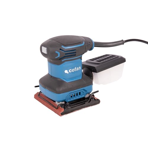 Cofan Lijadora orbital con cable 200 W 14000 rpm, base de velcro lija 114 x 140 mm, Incluye caja para polvo, Ideal para madera, plástico y superficies lacadas