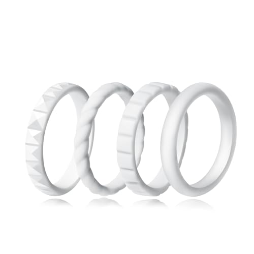 Stackable Silicone Wedding Bands for Her - Comfortable Braided Thin Rubber Promise Rings - 4 Rings