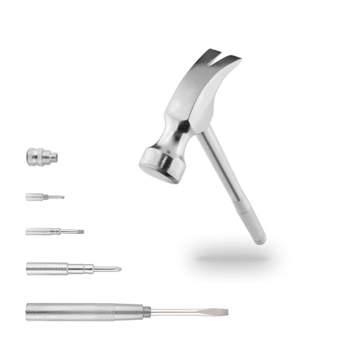 Mini Metal Hammer 6 in 1 with Slotted/Flat Head Phillips Screwdriver Claw Hammer Manual, Portable Multifunction Tool Hammer (Silver)