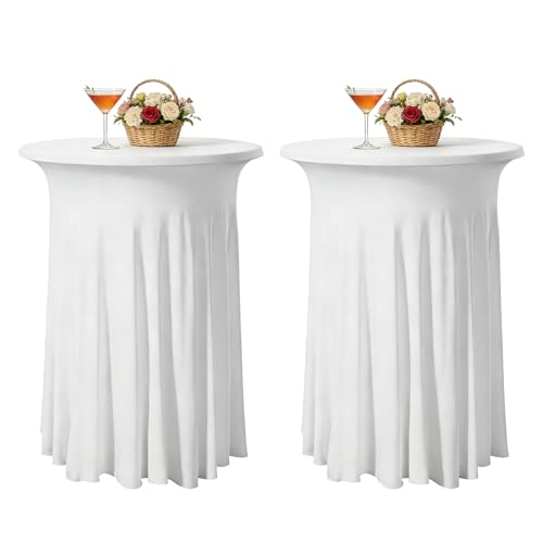 BYZESTY Lot De 2 Nappe Mange Debout 80 X 110 Cm, Blanche Housse pour Table Haute, Housse pour Table Haute Ronde, Extensibles en Spandex Nappe pour Cocktail...