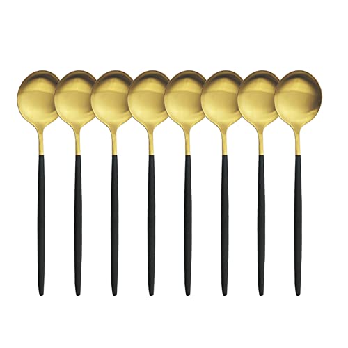 Snplowum 8-Piece Matte Black & Gold Dessert Spoon, 7.28 Inch Spoon Set, Stainless Steel Daily Use Spoon For Dessert Tea Ice Cream