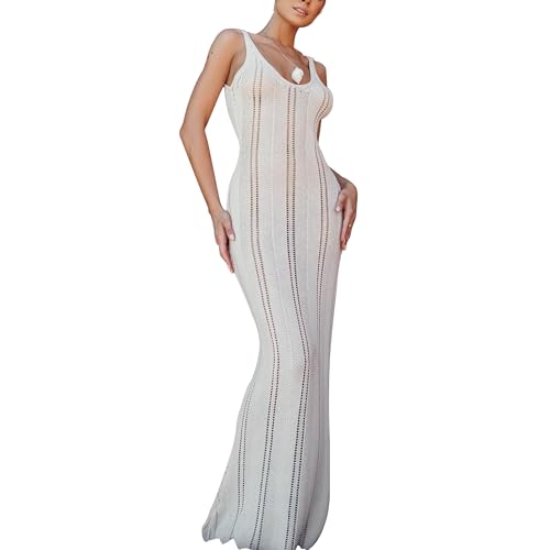 Women Off Sleeveless Maxi Casual Vacation Dress Sexy Deep V Neck Backless Summer Beach Eyelet Knit Swimwear Coverups