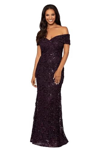 Image of Xscape Women's Plus Size Off The Shoulder Sequin & Lace Overlay Evening Gown with Sweetheart Neckline, Sheath Formal Dress, Mulberry Purple, 14W