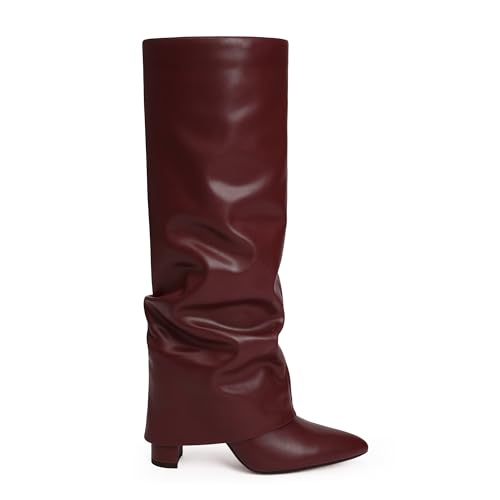 Image of Knee High Boots Women Fold Over Boots Chunky Heel Pointed Toe Tall Boots | Fashion Slouchy Boots,Side Zipper Shark Boots,Fall Spring Winter Fashion Dress Tall Boots,Evening Bridal office Long Boots
