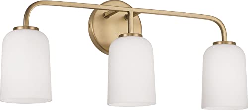 Image of HomePlace Lighting 148831AD-542 Lawson Transitional Soft White Glass Bell Vanity Light for Bathroom, 3-Light 300 Total Watts, 10 inch H x 24 inch W, Brass