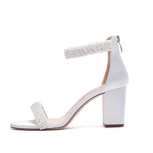 Image of Block Heel Wedding Sandals Pearl Heels Open Toe Wedding Shoes for Bride Bridal Shoes