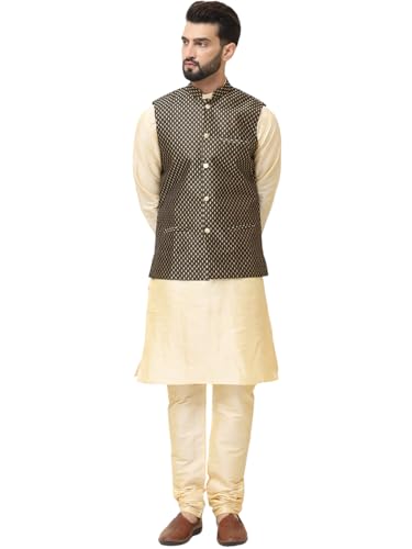 Image of SOJANYA (Since 1958 Men's Silk Blend Kurta Pyjama With Self Design Nehru Jacket