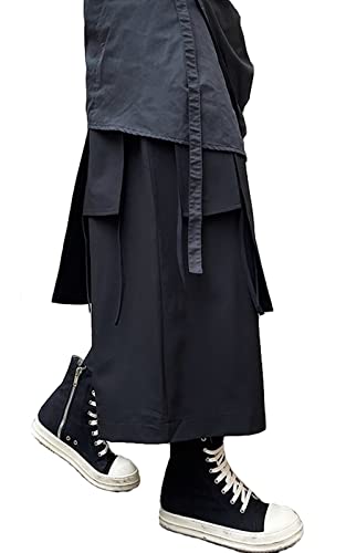 AITFINEISM Men\'s Casual Skirt Pants Loose Wide Leg Harem Pant Japanese Harajuku Kimono Trousers (Small, Black)
