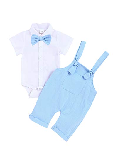 Infant Baby Boy Gentleman Outfit Short Sleeve Shirt Romper Suspender Pants Summer Clothes Sets Blue