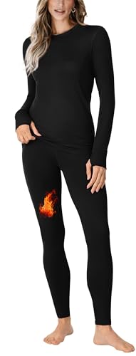 WIHOLL Long Johns for Women Thermal Underwear Fleece Lined Leggings Fall Outfits Pajama Sets Winter Clothing Long Sleeve Undershirt Base Layer 2 Piece Outfits Lounge Sets Thermal Shirt Lounge Sets M