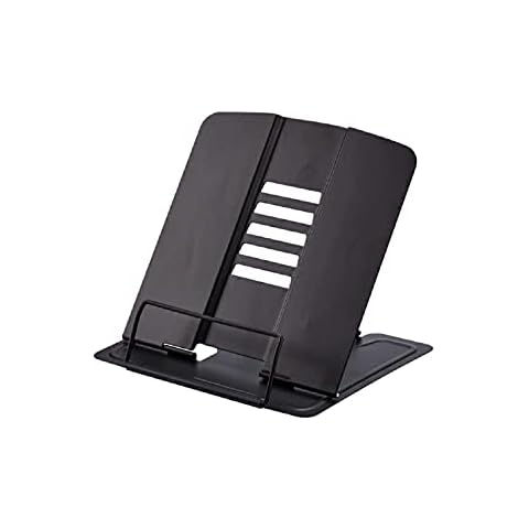 Luckindom Book Stand, Foldable Cookbook Holder with 5 Adjustable Angles and Paper Page Clip, Sturdy and Smooth Metal Bookstand for Reading Recipe, Textbook, Document, Music Book, Laptop Cover