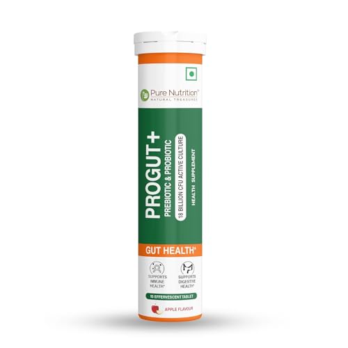 Image of Pure Nutrition Progut+, 15 Effervescent Tablets - 18 Billion CFU | Prebiotic & Probiotic Supplement for Gut Health, Digestion & Immunity | Relief from Acidity, Bloating & Heartburn - Apple Flavour