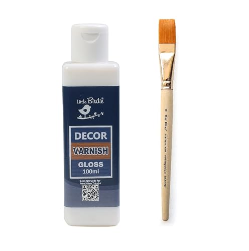 Image of Little Birdie Varnish 100ml with Big Flat Brush Size 10 | Perfect Set for Smoothly Applying Varnish on Acrylic & Oil Painting, MDF, Wood, Canvas, Glass, Metal, Terracotta, Decoupage DIY Craft (Gloss)
