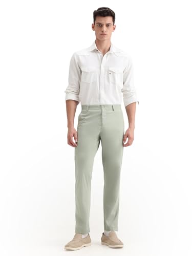 Image of RARE RABBIT Men's Linotel Pastel Green Cotton Blend Plain Regular Fit Trouser