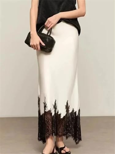 Women’S Elegant Satin A-Line Skirt with Patchwork Lace Hem High Waist Streetwear Mid-Calf Long Skirt4