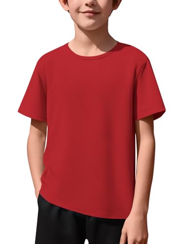 Haloumoning Boys Athletic Short Sleeve T Shirts Kids Crewneck Quick Dry Performance Sports Tops Tees 5-14 Years Red