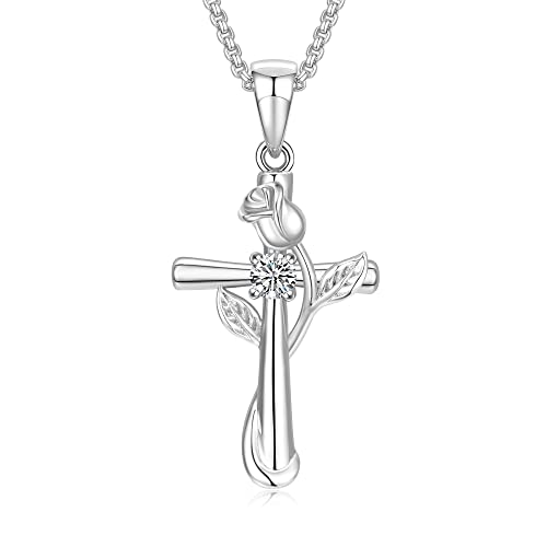 Praelinos Collares Mujer Flor Rosa Birthstone Colgante Chapado en Oro Blanco 5A Zirconia Cúbica Joyas Regalos para Esposa Mama Cumpleaños Aniversario día de San Valentín (Blanco) Cover