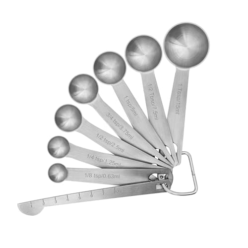Measuring Spoons, Stainless Steel Measuring Cups Set Ruler & Scraper, 3/4 TSP, 1/8 TSP, 1 TSP, 1/4 TSP, 1/2 TSP, 1/2 Tbsp & 1 Tbsp Small Tablespoon and Leveler for Kitchen Cooking and Baking