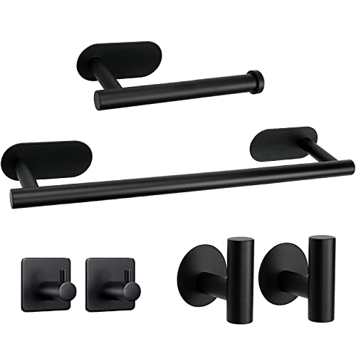 Toallero Baño, XINGLO 6 Piezas Juego de Accesorios de Baño,40cm Toallero Barra Sin Taladro+ Portarrollos para Papel Higiénico +4 Gancho Adhesivo para Pared,304 Acero Inoxidable/Negro Mate