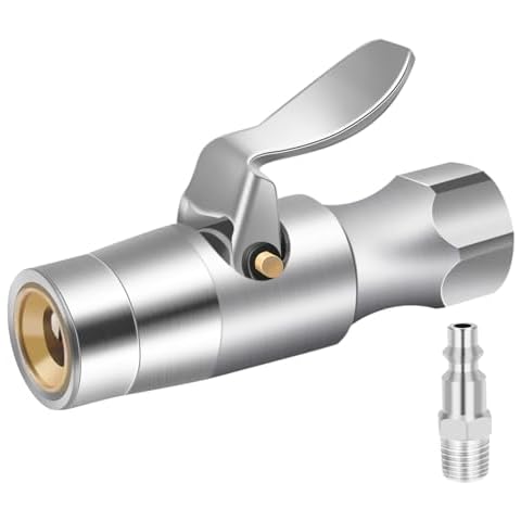 SAFELIFE Locking Air Chuck, Heavy Duty Two Steel Jaws Lock on Air Chuck for Any Schrader Valve Tires-No Air Leakage, Rated to 150 PSI-1/4 NPT Fitting Included - Open Flow Cover