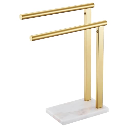 Image of KOKOSIRI Hand Towel Rack Standing Towel Rails 2-Tier with Marble Base for Bathroom Vanity Countertop, Brushed Gold Stainless Steel 15.7'' Height THS0007-BG