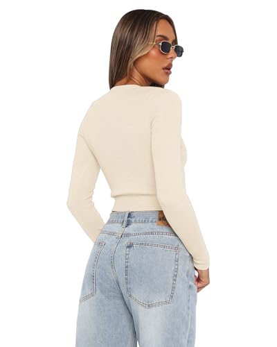 Image of Cardigan Sweaters for Women Crew Neck Cropped Sweater Tops Dressy Casual Long Sleeve Shirts Apricot S