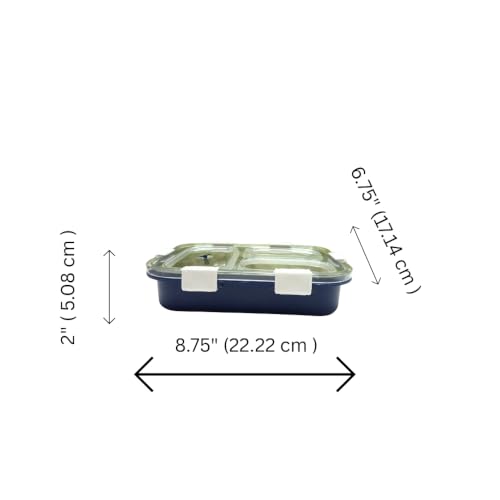 Image of Premium Stainless Steel Three Compartment Lunch Box (8.75 inch x 6.75 inch) - Durable Three Partition Leak Proof Tiffin Box for Food Grade Container with 6-Side Lock Unbreakable Lid (400g)