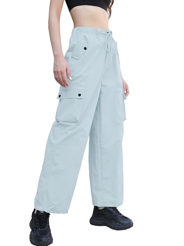 Image of Betusline Girls & Women's High Waist Wide Leg Cargo Pants Y2K Parachute Pants with Pockets and Drawstring 6 Years-Women 2XL