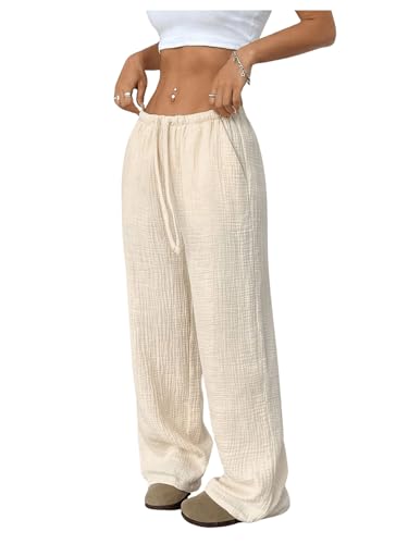 Women's Straight Leg Linen Pants Drawstring Waist Loose Vacation Beach Trousers with Pockets