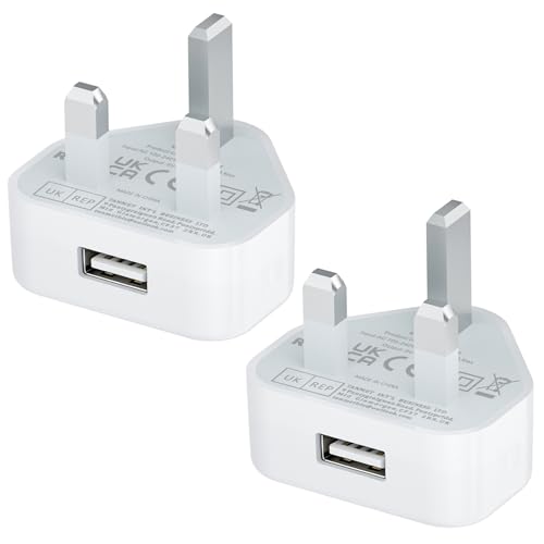 USB Plug UK USB Charger Plugs Adaptor UK 5W Phone Plugs with USB Port Compact Mains Charge Head with Smart IC 5V 1AMP Charging Compatible with iPhone 13 12 11 SE XS XR X 8 7 6 5 iPad Watch 2Pack