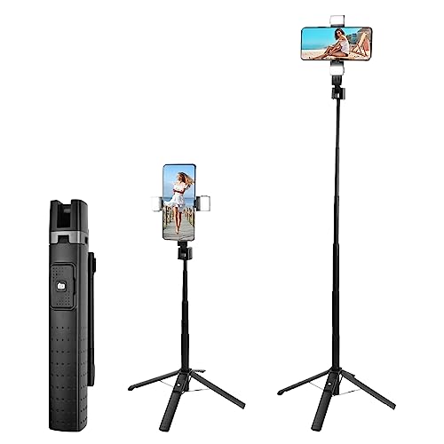 Perche à Selfie Quad Trépieds avec Lumière, 104cm Bluetooth Trépied avec Télécommande Amovible, Bâton Selfie Extensible Noir, Monopode Télescopique pour Téléphone Portable Vidéo Voyages Vlogs