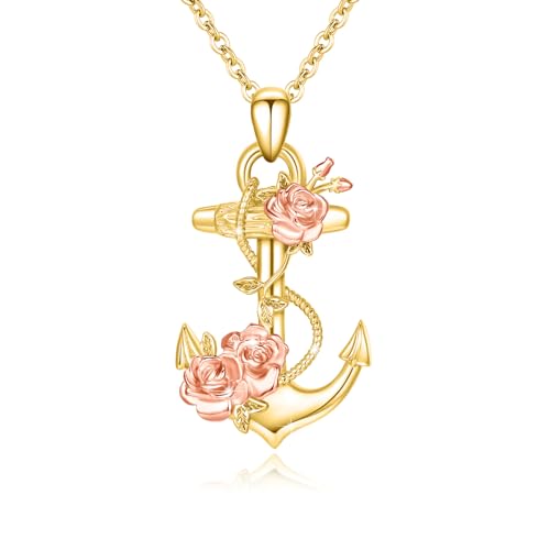 CRWENG Gold Anchor Necklace for Women 925 Sterling Silver Anchor Rose Pendant Necklace for Women Nautical Ocean Beach Jewelry Gifts for Lover