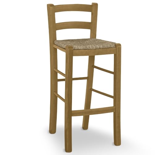 okaffarefatto zimbardi costanza Tabouret en bois de teinte noyer clair avec dossier H 67 cm assise en paille