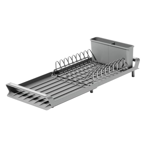 Sxmrmnx Escurridor de platos extensible con bandeja de drenaje, estante de almacenamiento de drenaje para fregadero de vajilla, incluye 2 soportes para utensilios B