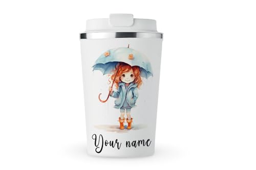 MAXIKIWI - Taza personalizada de acero inoxidable aislada de doble pared, a prueba de fugas, vaso de viaje para café o té con tapa, mantiene las bebidas calientes y frías, niña pequeña con paraguas